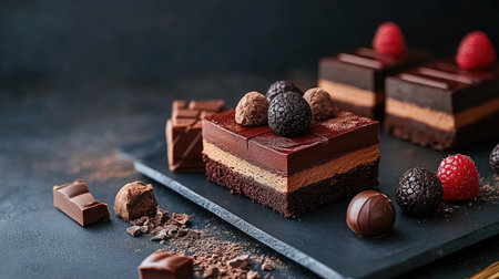 A tempting display of rich chocolate layers accompanied by fresh raspberries and assorted sweets, ideal for dessert lovers looking to elevate their culinary experiences.の素材