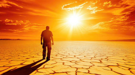 A stunning image capturing a lone person walking across a parched desert landscape during a vibrant sunset, evoking feelings of reflection and tranquility in nature's beauty.の素材
