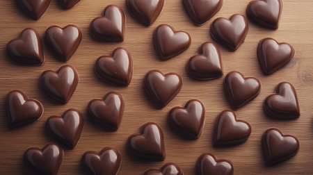 A delightful display of glossy chocolate hearts on a textured wooden surface, perfect for festive occasions, romantic gifts, or sweet treats. Ideal for chocolate lovers.の素材