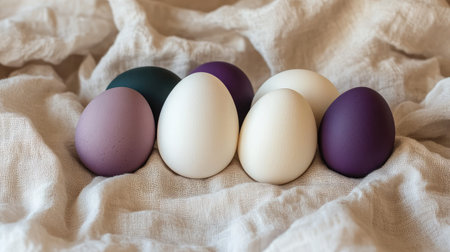 A beautiful display of colorful eggs resting on soft fabric. Ideal for Easter themes, seasonal decor, and artistic photography showcasing natural colors and textures.の素材