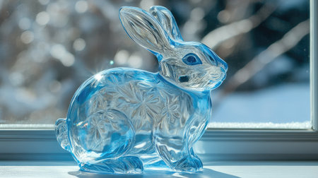 A stunning blue glass rabbit figurine captures sunlight beautifully, seated by a window with a soft snowy backdrop, evoking a serene, magical atmosphere.の素材