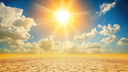 A stunning image showcasing a bright sun illuminating a dry landscape with cracked earth, surrounded by fluffy clouds against a clear blue sky, perfect for environmental themes.の素材