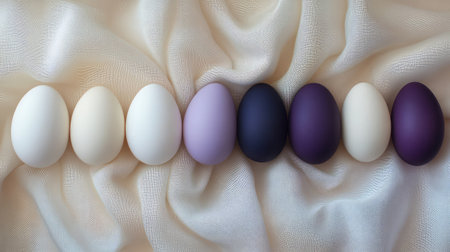 This striking image features a row of colorful eggs resting on soft, creamy fabric, making it a perfect representation of spring celebrations and decorative themes.の素材
