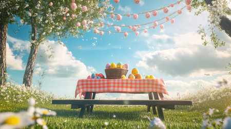 A delightful picnic scene featuring a checkered table decorated with vibrant Easter eggs, surrounded by blooming trees and a radiant sky, perfect for spring celebrations.の素材