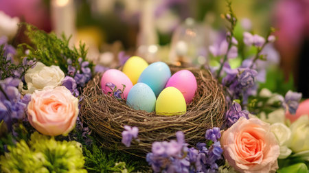 A delightful scene featuring pastel Easter eggs in a rustic nest surrounded by an array of colorful flowers and soft greenery, perfect for spring celebrations and festive decor.の素材