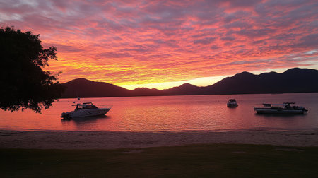 A serene sunset scene featuring anchored boats on calm waters, reflecting vibrant colors. The tranquil landscape is complemented by distant mountains, creating a peaceful and picturesque atmosphere.の素材