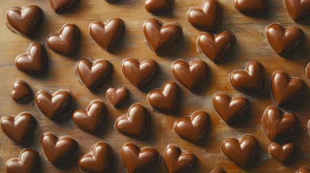 A delightful arrangement of rich chocolate hearts on a rustic wooden table, ideal for special occasions, celebrations, and sweet gestures towards loved ones.の素材