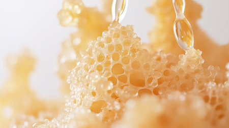 Explore the intricate details of honeycomb with shimmering honey droplets, highlighting the natural beauty and sweetness of this delicious food product in a captivating close-up view.の素材