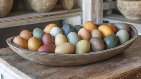 A beautiful display of assorted colorful eggs in a rustic wooden bowl, perfect for spring themes and seasonal celebrations, adding charm to any decor.の素材