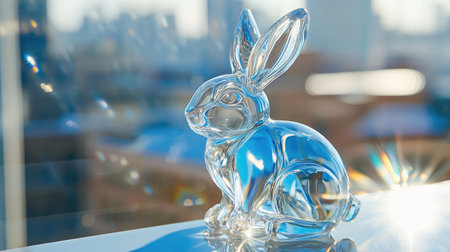 A beautiful crystal rabbit figurine captures light beautifully, sitting gracefully on a reflective surface, surrounded by a bright and sparkling background, perfect for decor.の素材