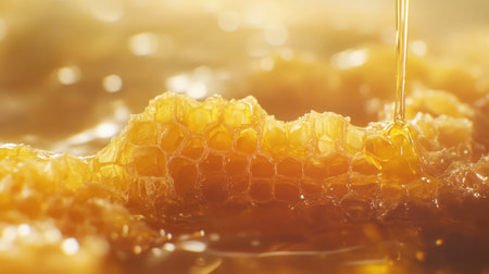 A mesmerizing close-up of golden honey slowly dripping from fresh honeycomb, illuminated by warm natural light, highlighting its rich texture and sweet allure.の素材