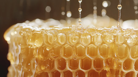 Captivating close-up of golden honey dripping from a textured honeycomb, showcasing its natural sweetness and organic essence for culinary delights and healthy living.の素材