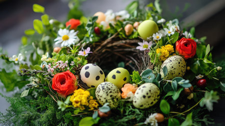 This beautiful arrangement features a nest adorned with vibrant flowers and colorful Easter eggs, creating a joyful and cheerful springtime decoration perfect for seasonal celebrations.の素材