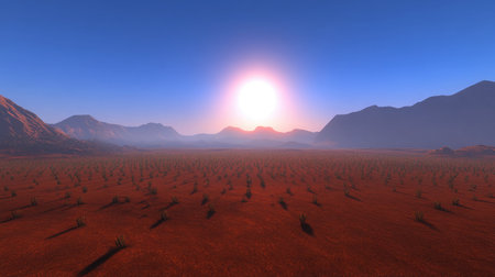 A stunning sunrise illuminates a vast desert landscape, casting warm light over distant mountains and creating a peaceful and tranquil atmosphere for nature lovers.の素材