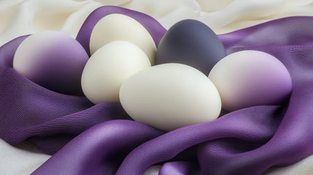A beautiful arrangement of colorful eggs resting on soft purple and white fabric, creating an elegant atmosphere perfect for Easter or spring-themed projects and celebrations.の素材