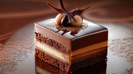 A visually stunning chocolate layered cake featuring rich ganache and exquisite decorative elements, ideal for enticing food photography and gourmet dessert displays.の素材
