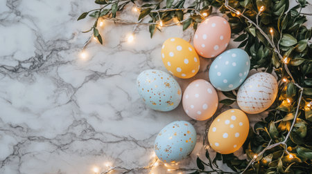 Delight in the charm of colorful Easter eggs with polka dots and stripes arranged on a marble surface, accented by soft fairy lights and fresh greenery, perfect for spring celebrations.の素材