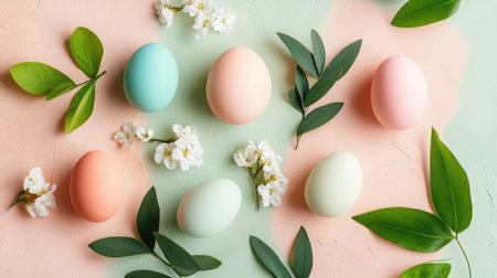 A beautiful arrangement of pastel-colored Easter eggs with delicate blossoms and green leaves on a soft background, perfect for springtime celebrations and tranquil decor ideas.の素材