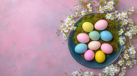 A visually appealing arrangement of colorful Easter eggs on green moss, surrounded by vibrant flowers, set against a soft pink background, ideal for spring celebrations.の素材