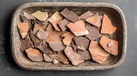A collection of assorted natural stone fragments arranged neatly in a rustic tray, showcasing warm earthy colors and unique textures, perfect for creative projects and design inspiration.の素材