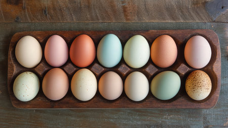 A stunning display of colorful eggs arranged in a wooden tray, perfect for spring festivities, Easter celebrations, or rustic kitchen decor ideas that evoke farm freshness and creativity.の素材