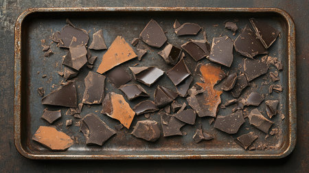 A striking arrangement of cracked dark chocolate pieces scattered across a weathered baking tray, showcasing rich textures and warm tones perfect for culinary themes.の素材