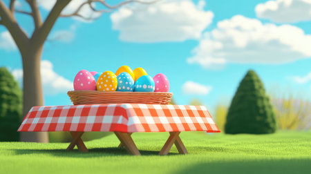 A charming scene featuring a picnic table adorned with a basket of colorful Easter eggs, set against a serene landscape of grass, trees, and a bright blue sky dotted with fluffy clouds.の素材