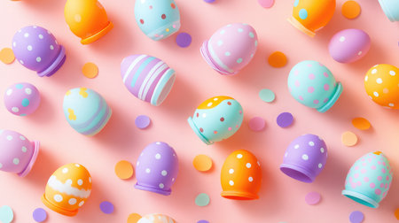 A vibrant arrangement of colorful Easter eggs in various pastel shades featuring polka dots and stripes against a pink background, perfect for spring celebrations and festive decoration.の素材