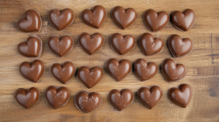 A delectable display of heart-shaped chocolate candies on a rustic wooden surface, ideal for gifts, celebrations, and sweet moments shared with loved ones.の素材