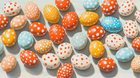 A vibrant display of hand-painted eggs with colorful polka dots, perfect for Easter celebrations and spring festivities, bringing joy and creativity to your holiday decor.の素材
