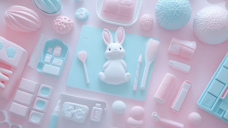 A delightful flat lay featuring a charming white bunny surrounded by a variety of pastel-colored items, perfect for capturing the essence of creativity and whimsy in your projects.の素材