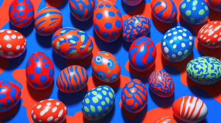 A vibrant collection of artistic painted eggs in various patterns and colors displayed on a vivid blue and red background, perfect for festive celebrations and creative artistic inspiration.の素材