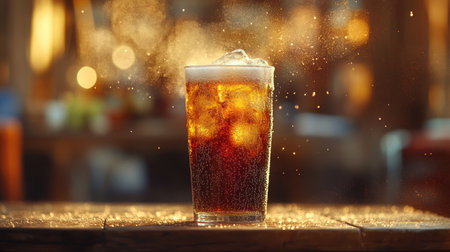 A visually appealing cold beverage served in a transparent glass filled with ice and bubbles, set against a warm, blurred background that creates a refreshing mood.の素材