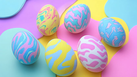 A collection of six colorful Easter eggs featuring unique patterns, set against a bright pastel background, perfect for spring celebrations and holiday decorations.の素材