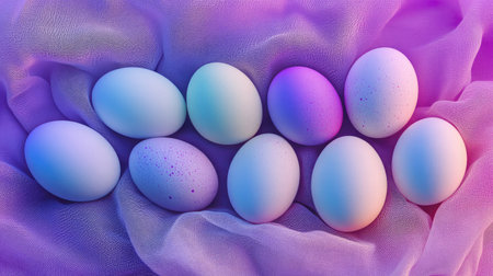 A captivating arrangement of colorful eggs resting on soft fabric, showcasing vibrant pastel tones that evoke the spirit of spring and festive celebrations.の素材
