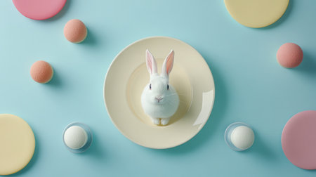 A delightful scene featuring a cute white bunny on a plate, surrounded by colorful circles and balls, evoking a cheerful and playful vibe suitable for springtime and festivities.の素材