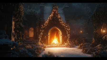 A picturesque winter cottage with a glowing fireplace, surrounded by snow and festive lights, creating a warm and inviting atmosphere perfect for holiday celebrations.の素材