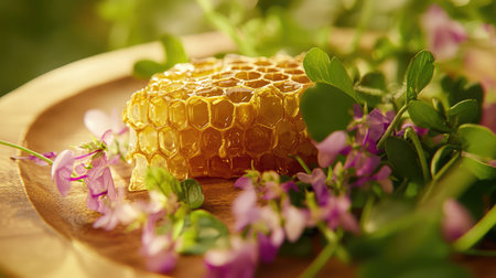 This stunning image features a honeycomb on a wooden plate surrounded by colorful flowers, embodying nature's beauty and organic sweetness for health and wellness themes.の素材