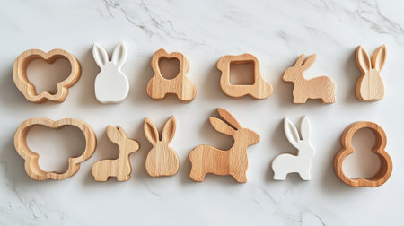 A delightful collection of wooden animal shape cutters in various designs, ideal for baking fun treats, crafting projects, and engaging children's educational activities.の素材