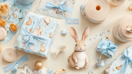 Delight in this enchanting flat lay image featuring Easter-themed decorations with soft bunny figurines, whimsical gift wrap, and charming pastel colors, ideal for spring celebrations.の素材