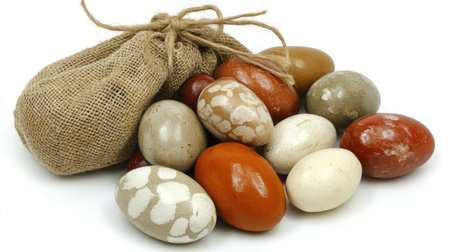 A charming arrangement of decorative eggs in various colors beside a burlap bag, ideal for seasonal crafts, Easter decorations, or creative displays in any setting.の素材
