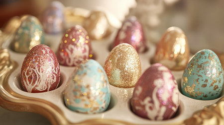 A stunning display of decorative Easter eggs adorned with intricate designs and glitter, perfect for enhancing festive celebrations and seasonal dの素材