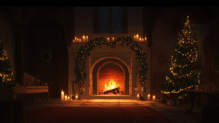 This enchanting Christmas scene captures the warmth of a crackling fireplace, beautifully adorned trees, and glowing candles for a perfect holiday ambiance in a cozy setting.の素材
