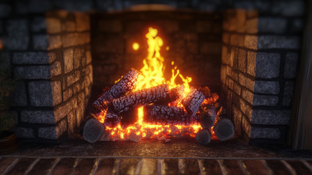 A beautifully designed fireplace with glowing logs and vibrant flames creates a warm and inviting atmosphere, ideal for relaxation and cozy gatherings during chilly evenings.の素材