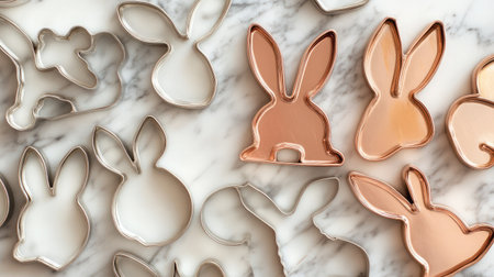 Charming bunny-shaped cookie cutters in various colors spread across a marble surface, ideal for adding joy and creativity to baking for special occasions or family gatherings.の素材