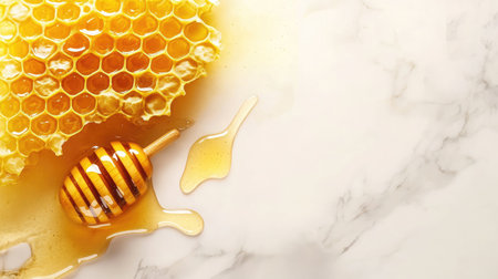 A beautiful arrangement featuring honeycomb and dripping honey on a marble surface, ideal for showcasing natural sweeteners and promoting healthy culinary endeavors.の素材