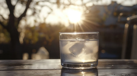 A serene glass of water with ice cubes sits on a wooden table, illuminated by soft evening light, capturing a tranquil moment against a stunning sunset backdrop.の素材