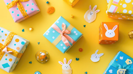 A vibrant display of decorated Easter gifts on a cheerful yellow background, featuring bunny motifs and festive elements, perfect for spring celebrations and family gatherings.の素材