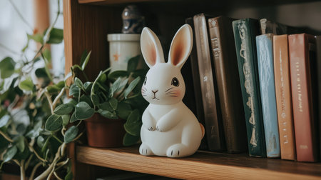 A charming ceramic rabbit figurine sits on a wooden shelf among books and greenery, adding a delightful touch to any indoor decor with its playful and adorable presence.の素材