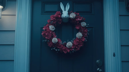 A beautifully crafted floral wreath featuring a charming rabbit adorns a front door, enhancing the inviting atmosphere of a suburban home and celebrating the joys of spring.の素材